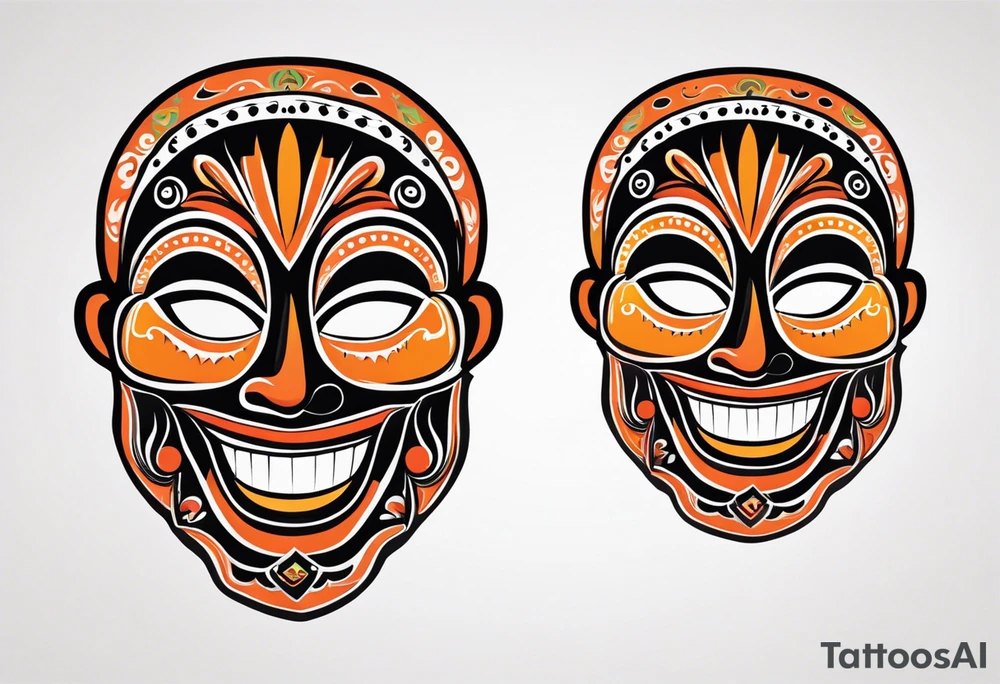 Laughing Mexican mask that is orange and black simplistic tattoo idea