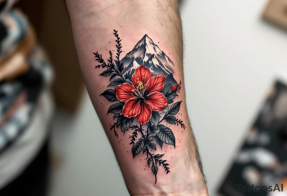 red  and black rhododendron trippy with Himalayas behind tattoo idea