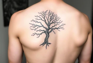 Flowing asymmetrical symbolic tree quarter sleeve on shoulder. Bold and simple branches that do not look realistic. Tree of gondor tattoo idea