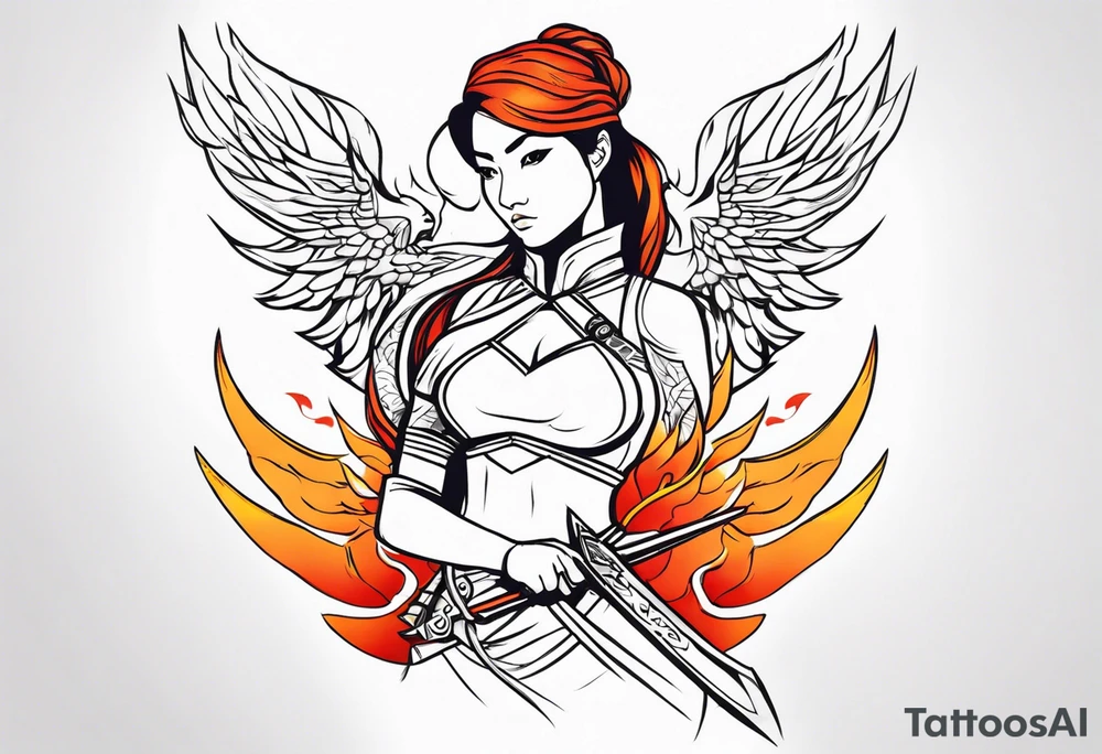 female warrior with phoenix and weapons tattoo idea