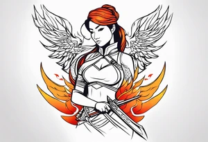female warrior with phoenix and weapons tattoo idea