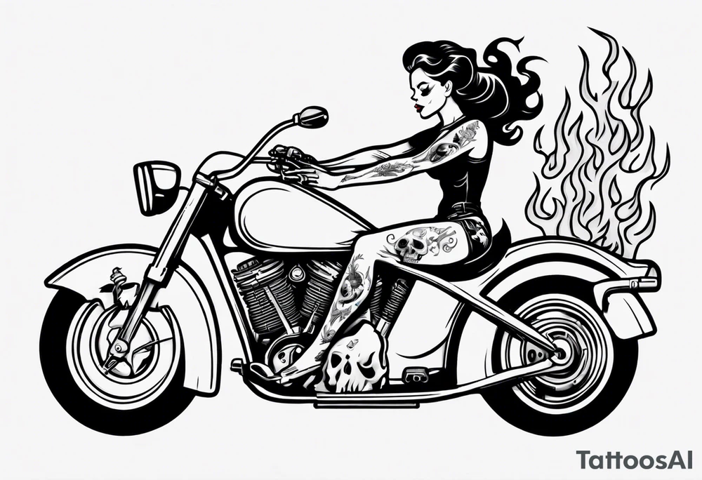 pinup doll riding a motorcycle through flames and skeletons tattoo idea