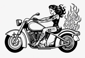 pinup doll riding a motorcycle  through flames and skeletons tattoo idea