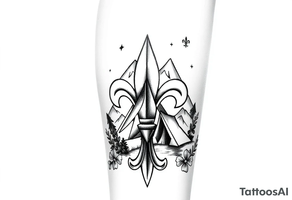 Scouting, camping, nature, fleur de lis, necker, tent, mountain, compass

Black and white or watercolor 
Back of calf tattoo idea