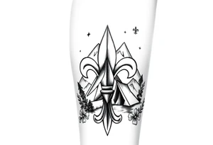 Scouting, camping, nature, fleur de lis, necker, tent, mountain, compass

Black and white or watercolor 
Back of calf tattoo idea