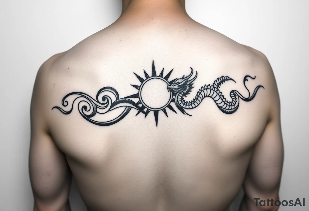 "Minimalist black tattoo band, fusion of Polynesian and Chinese styles. Greek meander base with:  
- ☀️ Simple sun (circle + 4 rays)  
- 🐉 Stylized dragon (zigzag line)  

Rules:  
- Only black ink, no shading  
- Symbols integrated into meander line  
- Seamless loop for forearm wrap  
- No small details, bold lines" tattoo idea