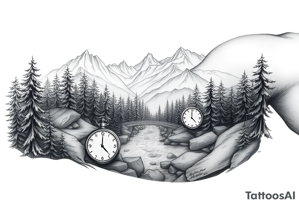 Forest landscape with mountains and a river, with three clocks in the river with dates tattoo idea