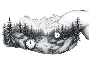 Forest landscape with mountains and a river, with three clocks in the river with dates tattoo idea