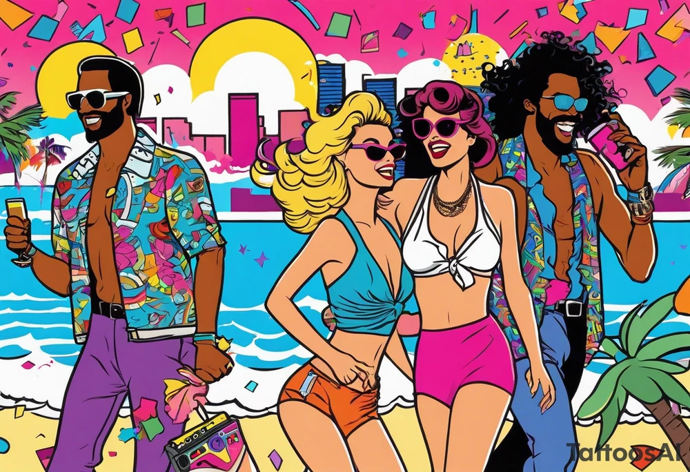 1980's miami vice style beach dance 
party, include confetti, music notes, boom box, bikinis tattoo idea
