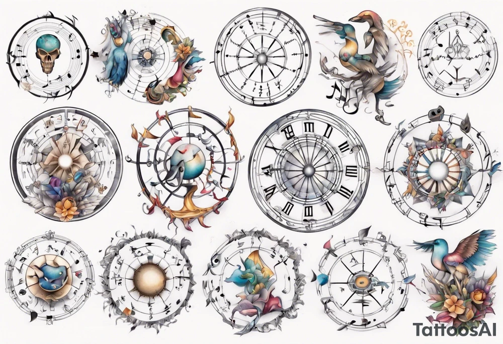 A zodiac wheel with music notes instead of astrology signs tattoo idea