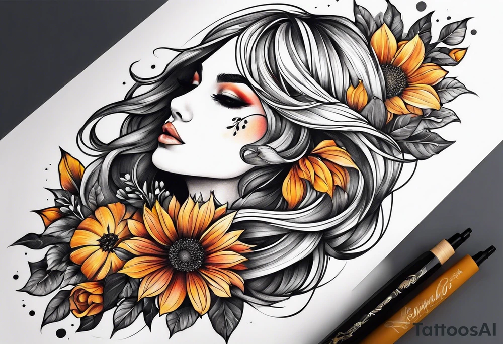 Flowers sun girl sleeve tattoo idea