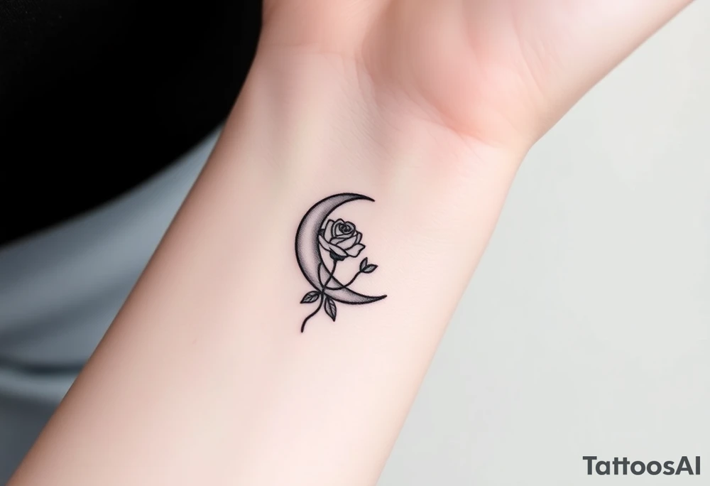 Small black and white tattoo waning crescent moon with small rose birth flower AND tiny Gemini gliph tattoo idea