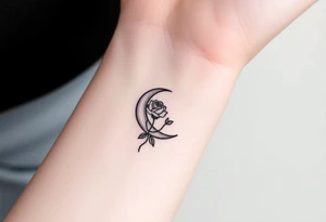 Small black and white tattoo waning crescent moon with small rose birth flower AND tiny Gemini gliph tattoo idea