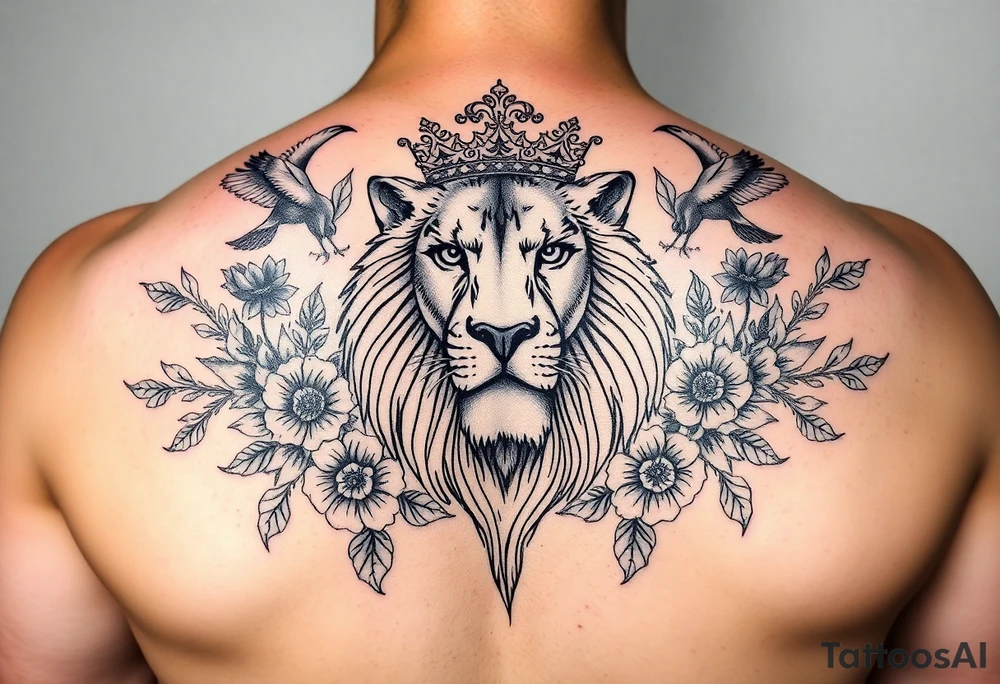 powerful majestic lion with a crown, surrounded by floral ornaments and birds tattoo idea