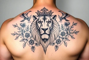 powerful majestic lion with a crown, surrounded by floral ornaments and birds tattoo idea