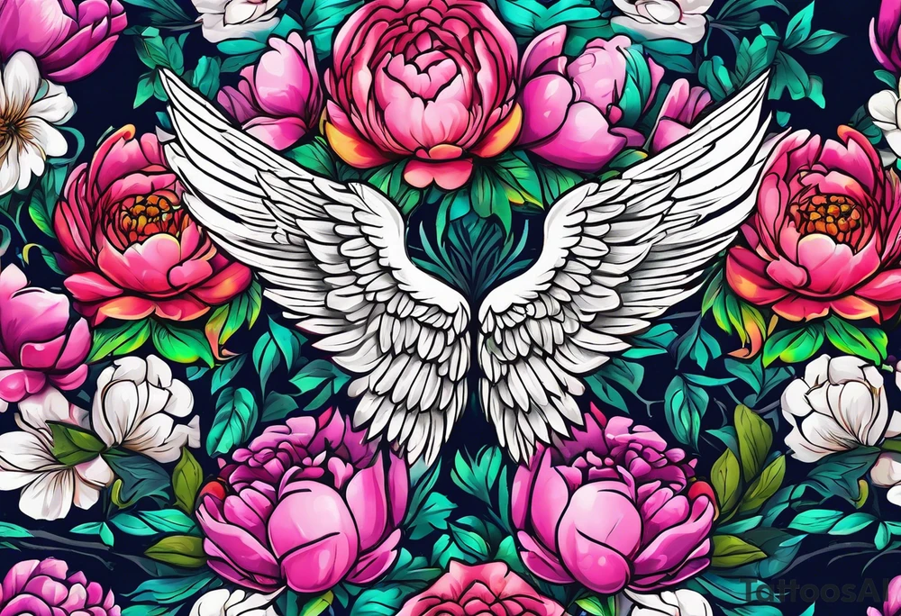beautiful colorful neon angel wings, surrounded by beautiful peonies, new school style, streetwear, urban wear, white background tattoo idea