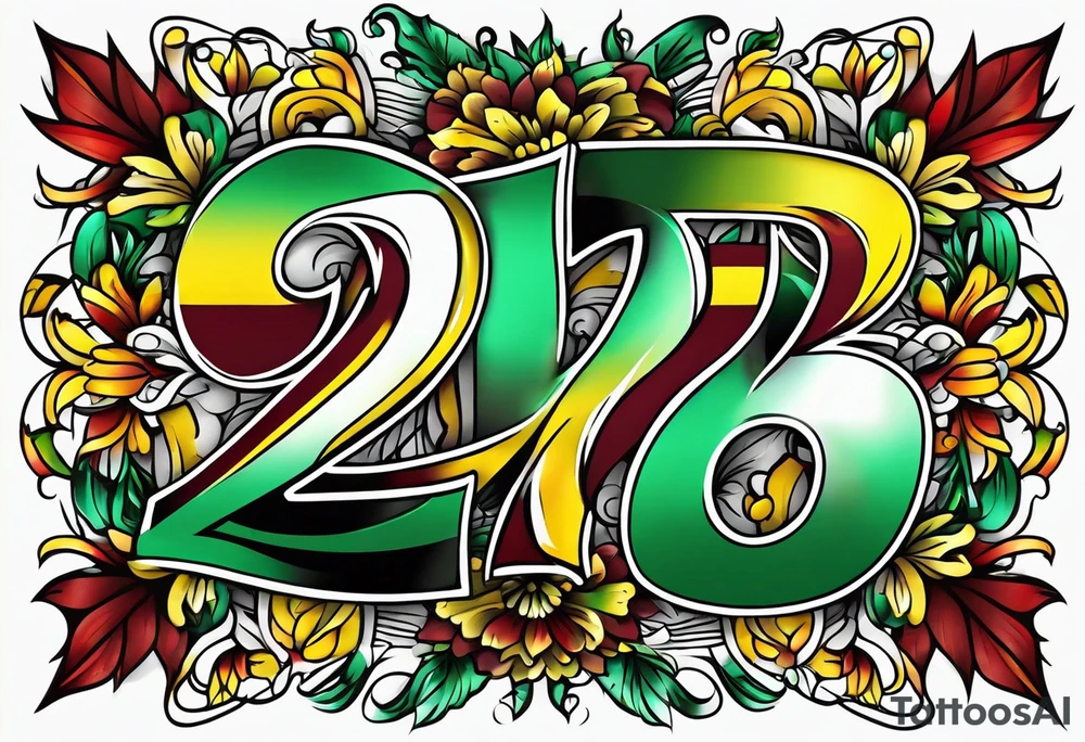 Number 24 with colors green, yellow, maroon and black tattoo idea