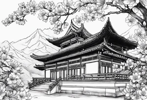 Cherry blossom, china building and lotus flower tattoo idea