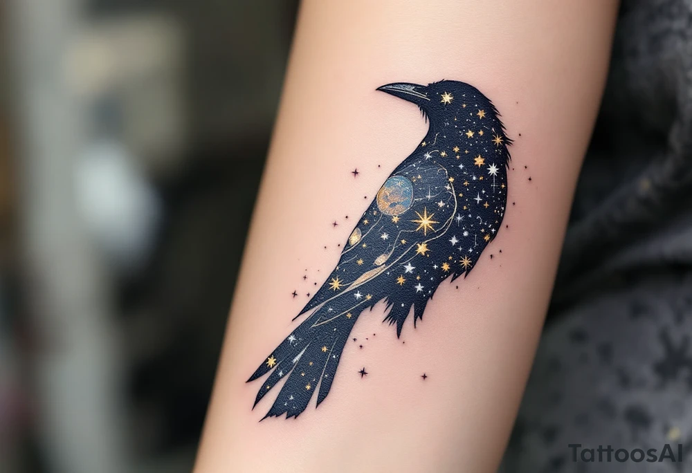Celestial Crow – A black crow filled with tiny constellations and stars inside its body. Stylized with dark navy, gold, and white ink for a cosmic feel. tattoo idea