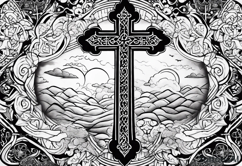 Arabic bible verse with a cross in the background and clouds surrounding the cross. tattoo idea