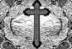 Arabic bible verse with a cross in the background and clouds surrounding the cross. tattoo idea