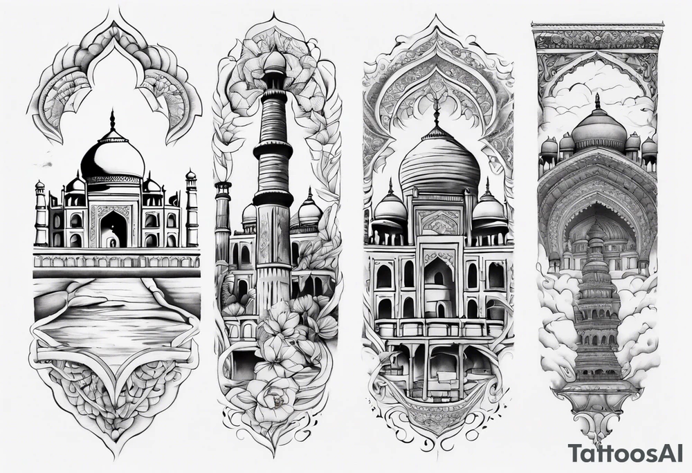 a sleeve tatoo that has petra, and the taj mahal tattoo idea
