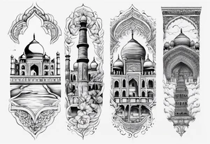 a sleeve tatoo that has petra, and the taj mahal tattoo idea