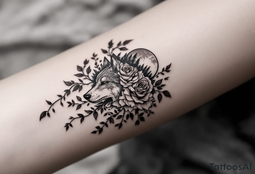 Rose vine with wolf, moon forest 
mountains wrap around tattoo idea