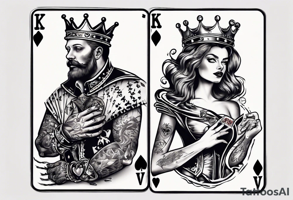 King of heart playing card with the queen of heart playing card around his arm tattoo idea