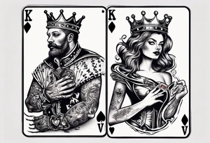 King of heart playing card with the queen of heart playing card around his arm tattoo idea