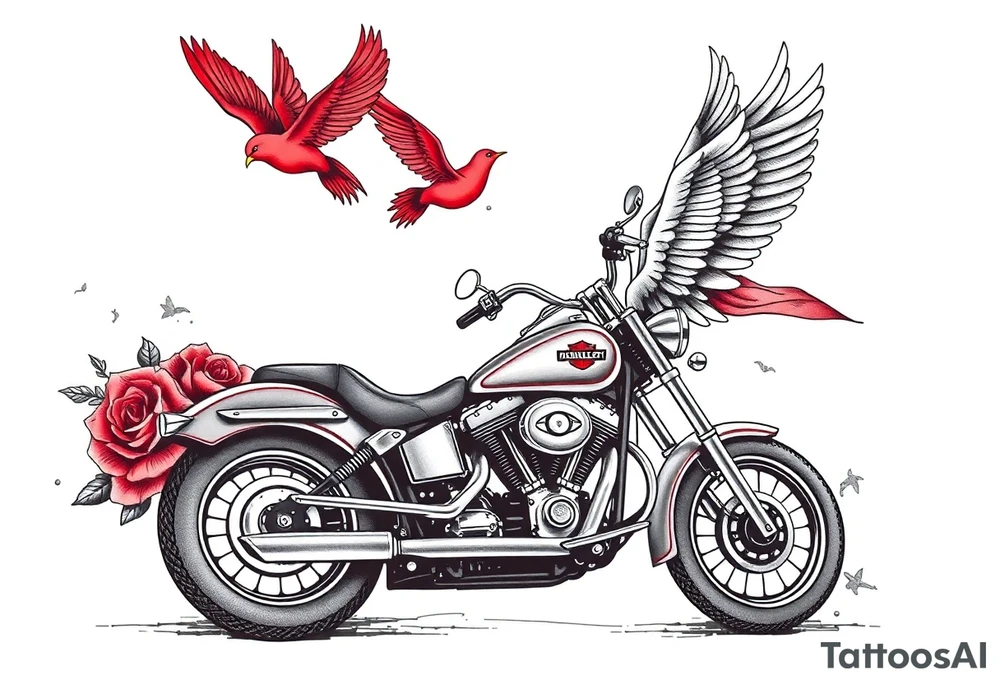 Harley grey motorcycle driving away, two red birds flying, roses, flames, angel wings tattoo idea