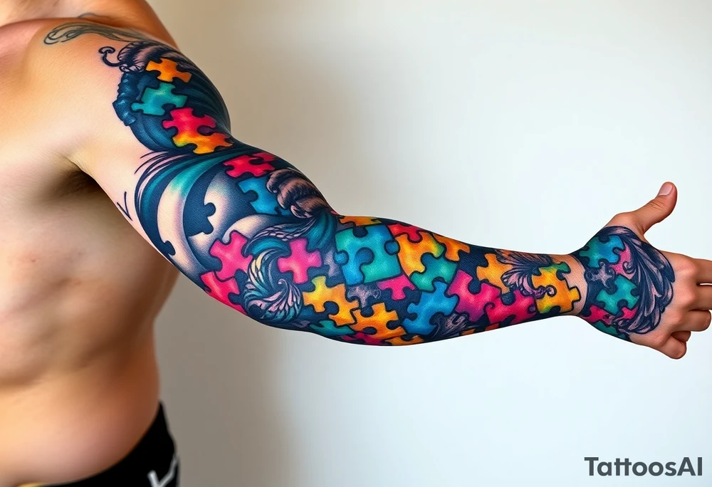 full left arm sleeve dedicated to my son with autism full color giving him the world autism awareness extra detail and lots of puzzle pieces tattoo idea