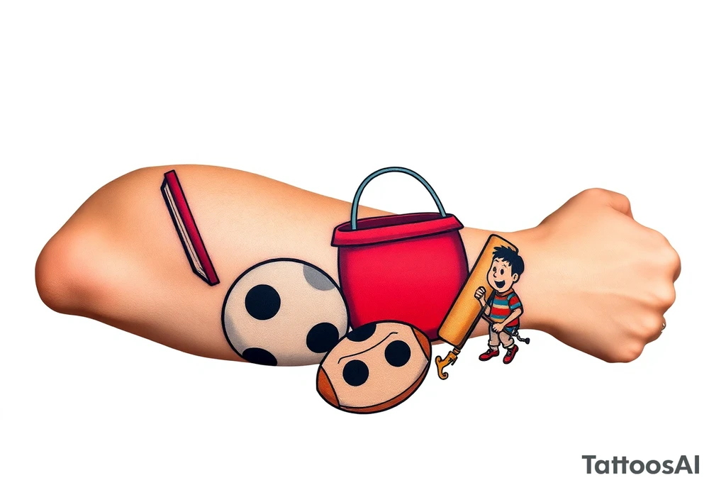 Childhood memories of a book, a bucket and spade, a football, a cricket bat, a cartoon of Dennis the Menace from the Beano comic tattoo idea