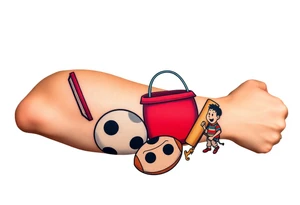 Childhood memories of a book, a bucket and spade, a football, a cricket bat, a cartoon of Dennis the Menace from the Beano comic tattoo idea