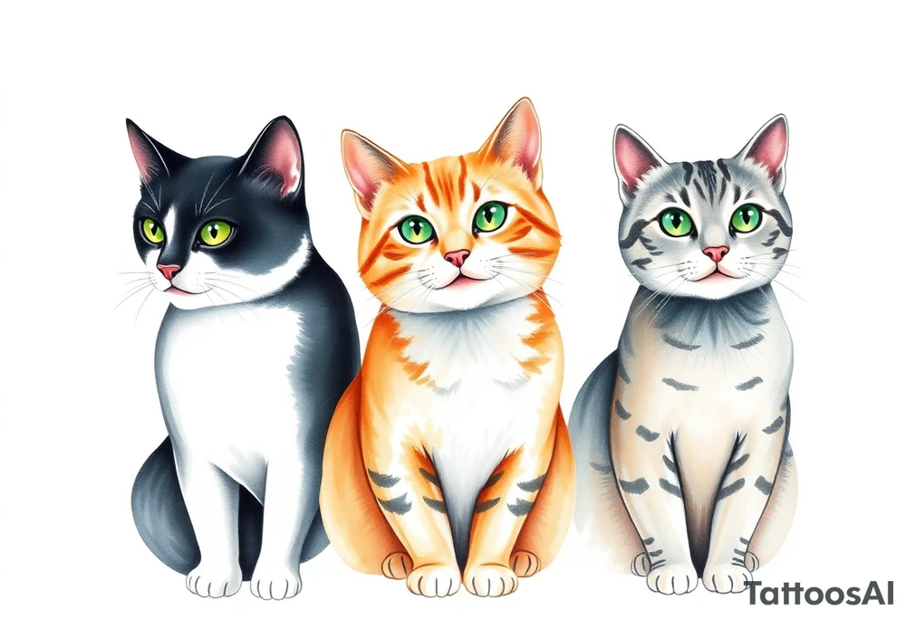 three cats, one black and white cat, one orange and white cat and one grey tabby cat tattoo idea