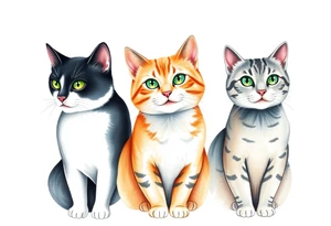 three cats, one black and white cat, one orange and white cat and one grey tabby cat tattoo idea
