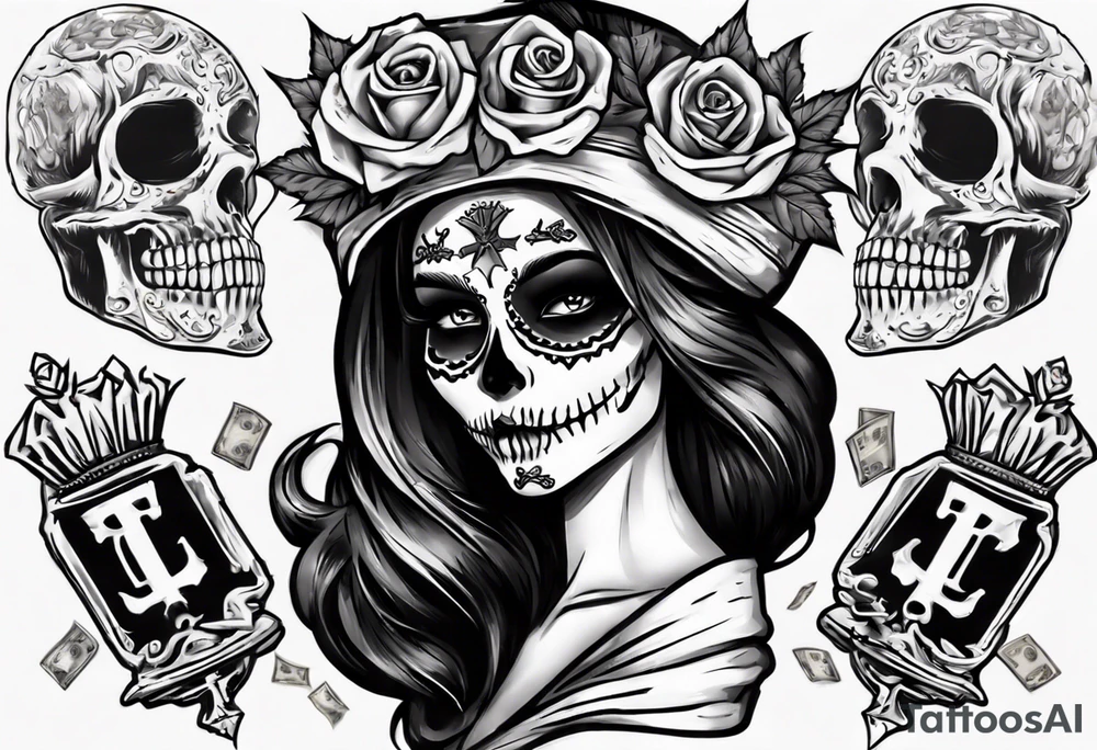 santa la muerta with money and crown
on the card tattoo idea