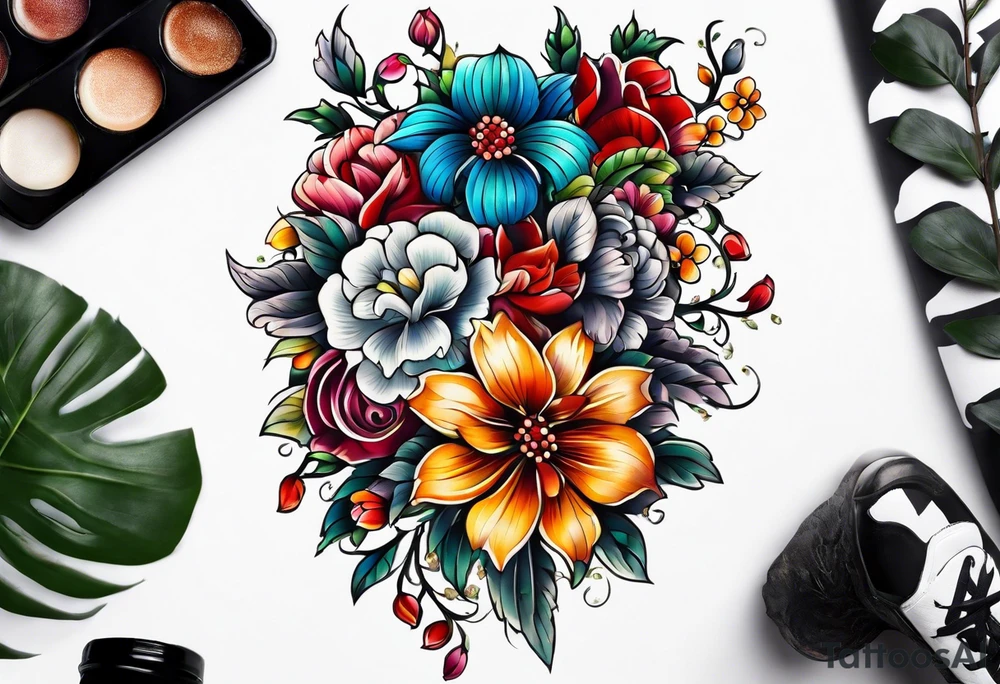 Floral leg piece with beading and lace tattoo idea. colorful, old school flowers, highly detailed, florals. white background. intricate highly detailed, tattoo idea