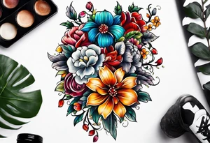 Floral leg piece with beading and lace tattoo idea. colorful, old school flowers, highly detailed, florals. white background. intricate highly detailed, tattoo idea