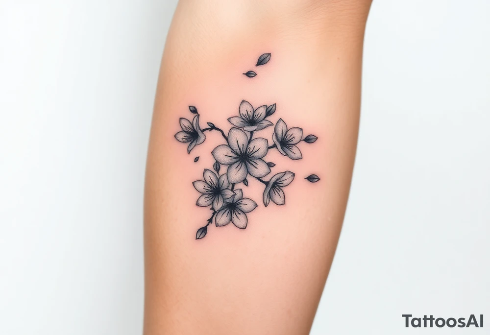 delicate cherry blossoms swirling in spring breeze with petals tattoo idea