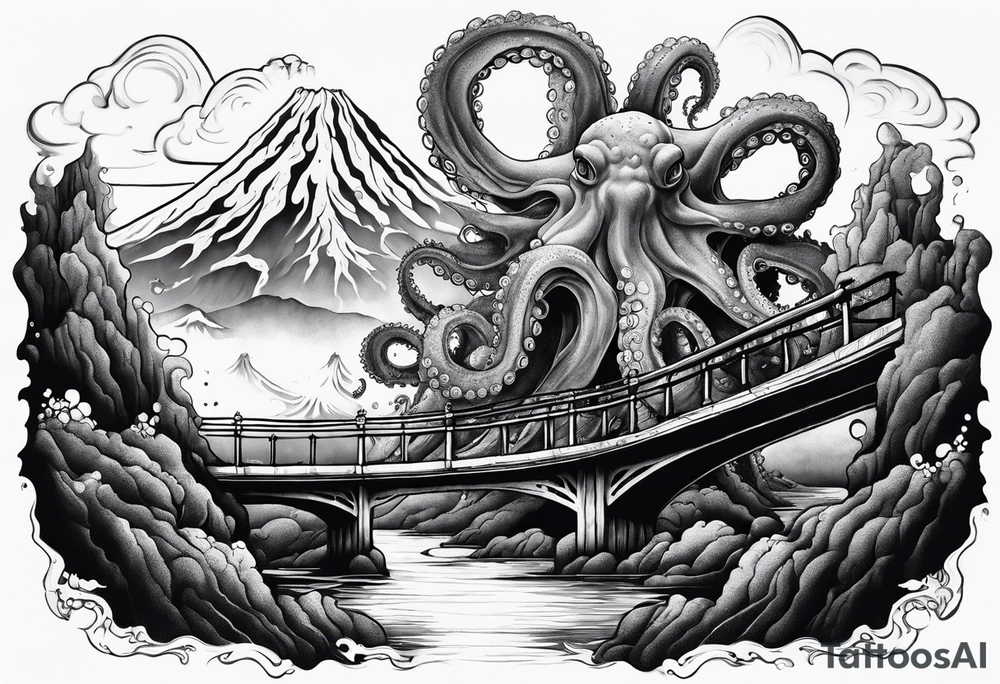 Octopus attacking a bridge with volcano in background erupting tattoo idea