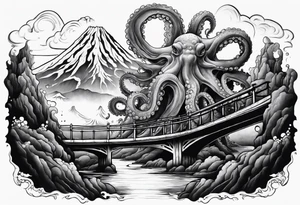 Octopus attacking a bridge with volcano in background erupting tattoo idea