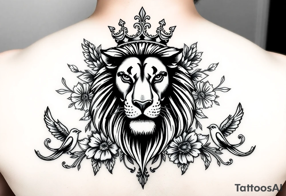 powerful majestic lion with a crown, surrounded by floral ornaments and birds tattoo idea