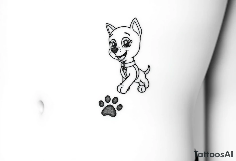 Walking away Paw Patrol member leaving a realistic textured paw print behind him. tattoo idea