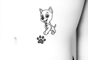 Walking away Paw Patrol member leaving a realistic textured paw print behind him. tattoo idea
