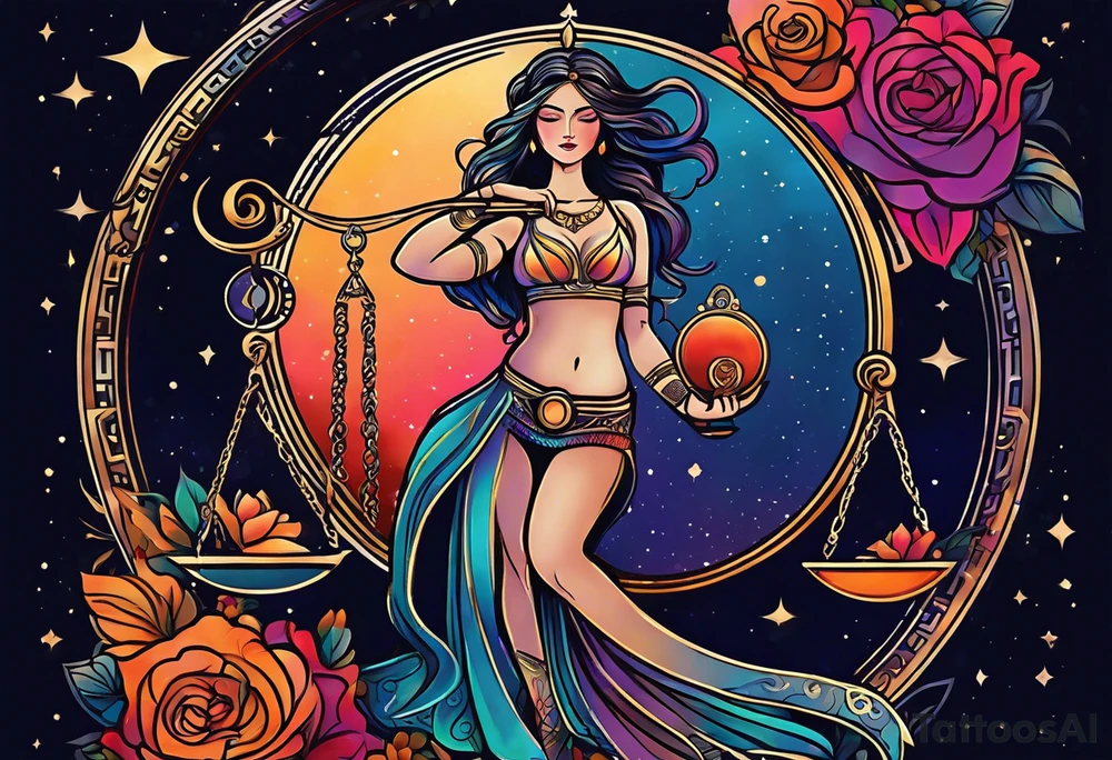 Libra woman holding scales with a night zodiac background including a half moon that encircles half of the woman with vibrant colors tattoo idea