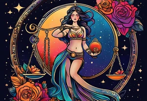 Libra woman holding scales with a night zodiac background including a half moon that encircles half of the woman with vibrant colors tattoo idea