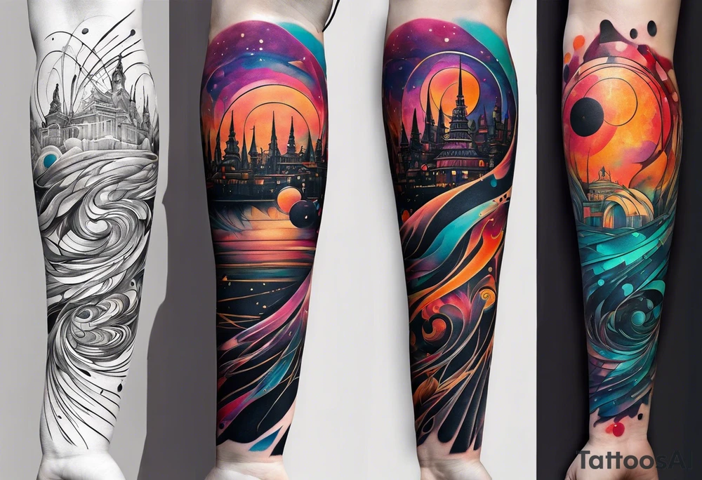 flowing abstract large forearm tattoo with lines, splatters, circles tattoo idea