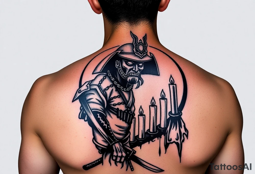 historical dark japan samurai with candles in a cicle all around
on side display tattoo idea