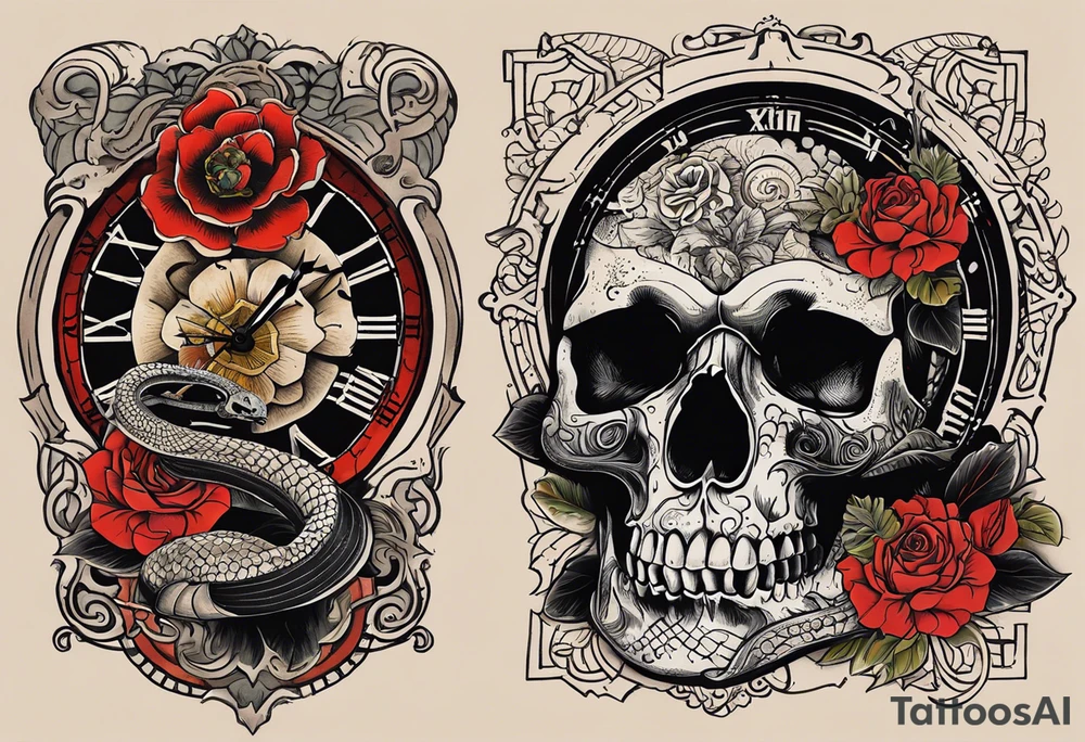 a skull and a writing that says momento morí and a clock inside the skull with a venomous snake around the whole design tattoo idea